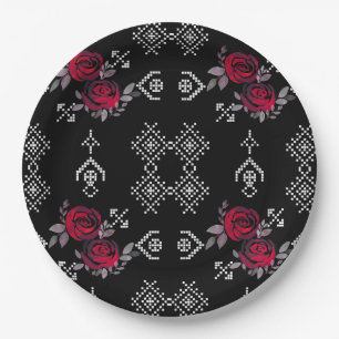 Retro Vintage Kreuzstich-Aquarell-Rose Pappteller
