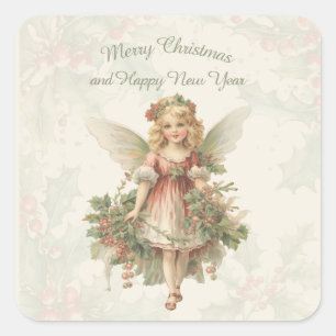 Retro Vintage Mädchen Engel Weihnachten Stechpalme Quadratischer Aufkleber