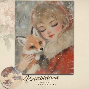 Retro-Vintage-Mädchen in Rot mit Fuchs Weihnachten Puzzle