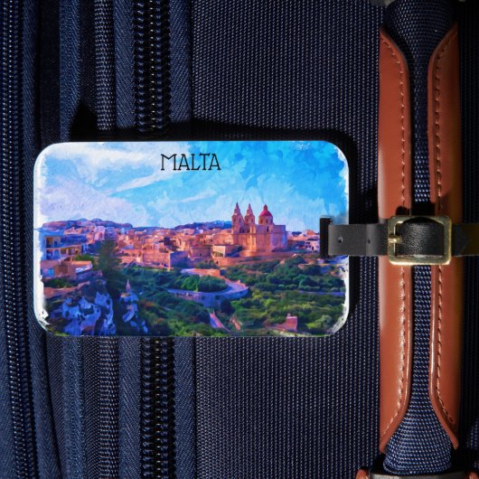 Retro Vintage Malta Panorama Aquarellansicht Gepäckanhänger (Vorderseite Insitu 4)