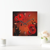 Retro Vintage Mohnblüte Blume Blumengestalt illu Quadratische Wanduhr (Zuhause)