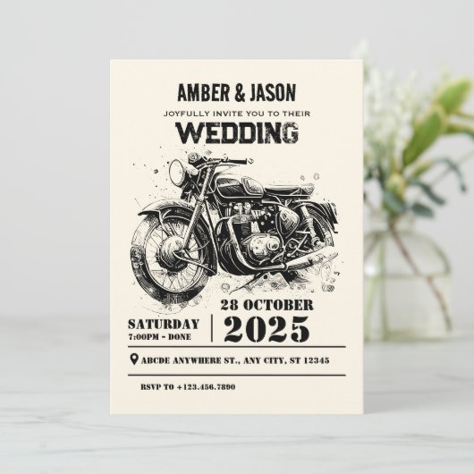 Retro Vintage Motorrad-Hochzeit Einladung (Stehend Vorderseite)