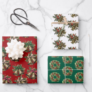 Retro Vintage Muster Bells Kränze und Holly Geschenkpapier Set