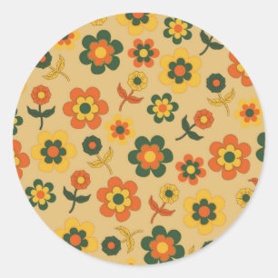 Retro Vintage Orange 70er Blumenmuster Runder Aufkleber