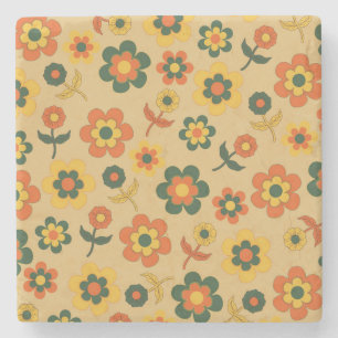 Retro Vintage Orange 70er Blumenmuster Steinuntersetzer