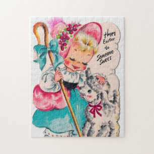 retro-vintage-Oster-Mädchen-Lamm-Urlaub Puzzle