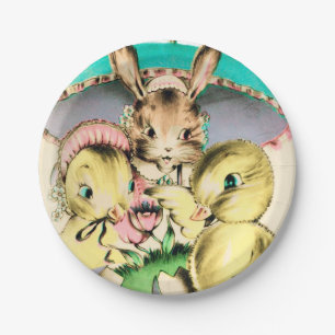Retro-Vintage-Osterhase und Küken-Partyplatte Pappteller