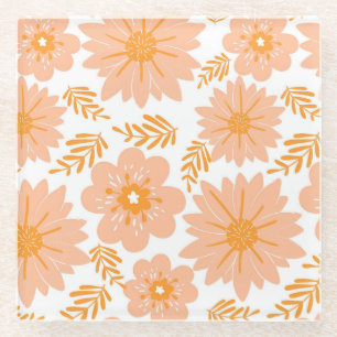 Retro Vintage Pfirsich Flaum Orange Blumenmuster Glasuntersetzer