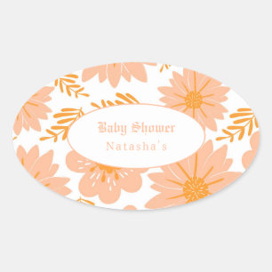 Retro Vintage Pfirsich Flaum Orange Blumenmuster Ovaler Aufkleber
