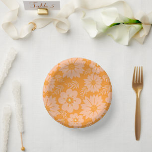 Retro Vintage Pfirsich Flaum Orange Blumenmuster Pappteller