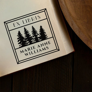Retro Vintage Pine Trees Ex Libris Library Gummistempel
