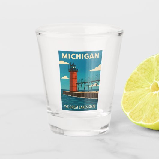 Retro Vintage Reise Michigan Leuchtturm Landschaft Schnapsglas (Vorderseite)