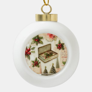 Retro Vintage Rot Grün Stechpalme Weihnachten Urla Keramik Kugel-Ornament