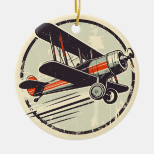 Retro Vintage rotes und grünes Doppeldecker-Flugze Keramik Ornament
