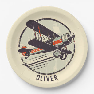 Retro Vintage rotes und grünes Doppeldeckerflugzeu Pappteller
