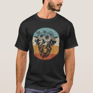 Retro Vintage Schottische Hochlandkuh mit Blumen-T T-Shirt