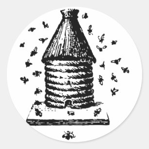 Retro Vintage Schwarz-Weiß Bienenstock & Bienen Runder Aufkleber