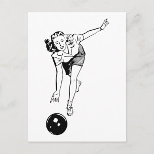 Retro-Vintage Schwarz-Weiß-Frau beim Bowling Postkarte