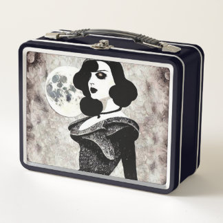 Retro Vintage Schwarze Haar Lady & Mond Metall Brotdose
