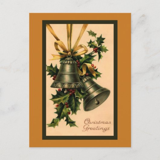 Retro Vintage Silver Christmas Bells, Gold Ribbon Postkarte (Vorderseite)