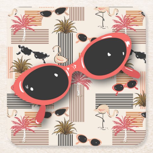 Retro Vintage Sonnenbrille Flamingos Palms Rechteckiger Pappuntersetzer (Vorderseite)