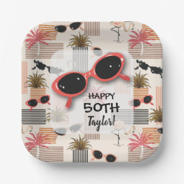 Retro Vintage Sunglasses Flamingos Palms Pappteller