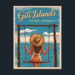 Retro Vintage Travel Gili Islands Lombok Indonesie Postkarte<br><div class="desc">Mit diesem faszinierenden Retro-Design tauchen Sie ein in das tropische Paradies der indonesischen Gili-Inseln. Dieses Design,  das mit Nostalgie und Vintagem Charme überflutet ist,  spiegelt die idyllische Gestalt dieses indonesischen tropischen Edelsteins in einer Retro-Ästhetik wider,  die an klassische Reiseplakate aus früheren Zeiten erinnert.</div>