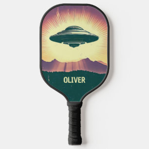 Retro Vintage UFO bei Sonnenuntergang Personalisie Pickleball Schläger