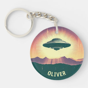 Retro Vintage UFO bei Sonnenuntergang Personalisie Schlüsselanhänger