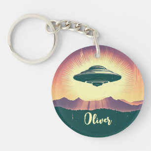 Retro Vintage UFO bei Sonnenuntergang Personalisie Schlüsselanhänger