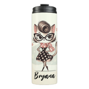 Retro-Vintage-weibliches Kätzchen mit Katzenbrille Thermosbecher