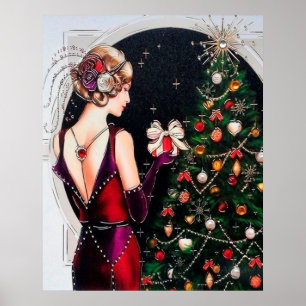Retro Vintage Weihnachten Art Deco Dame Poster