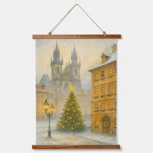 Retro-Vintage-Weihnachten in Prag – Altstadt Wandteppich Mit Holzrahmen