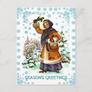 Retro Vintage Weihnachten, Mädchen mit einem Korb Feiertagspostkarte