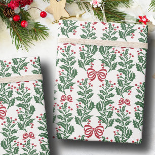 Retro Vintage Weihnachten Rot Grün Stechpalmen Bee Geschenkpapier