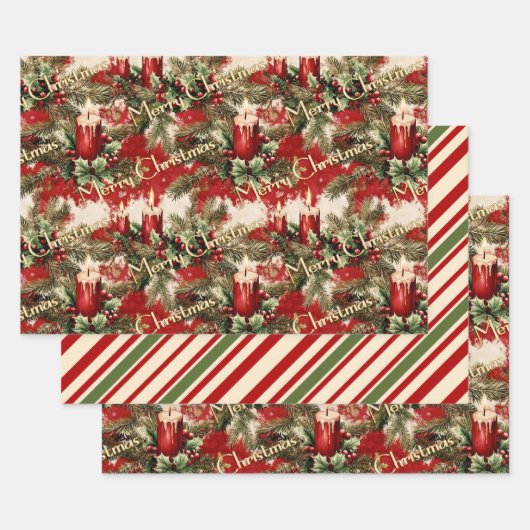 Retro Vintage Weihnachten: Rote Kerzen & Holly Geschenkpapier Set (Set)