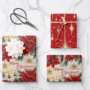 Retro Vintage Weihnachten: Roter & Weißer Holiday Geschenkpapier Set