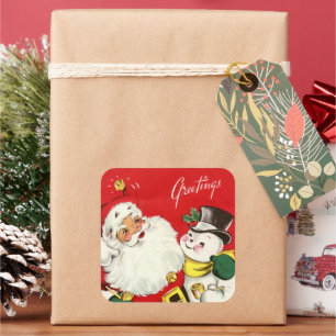 retro-vintage-Weihnachten-Santa-Schneemann-Urlaub Quadratischer Aufkleber