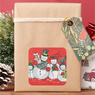 retro vintage Weihnachten Schnee Familie Quadratischer Aufkleber