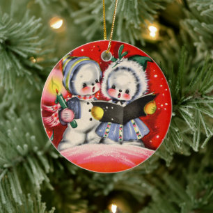 retro-vintage-Weihnachten-Schnee-Kinder-Feiertag Keramik Ornament