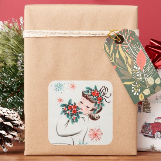 Retro Vintage Weihnachts-Dame Holiday Quadratischer Aufkleber (Feiertag)