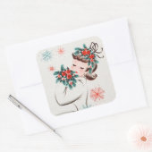 Retro Vintage Weihnachts-Dame Holiday Quadratischer Aufkleber (Umschlag)