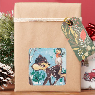 Retro Vintage Weihnachts Feiertag Hirsch Vogel Auf Quadratischer Aufkleber
