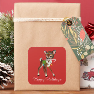 Retro-vintage-Weihnachts-Rentiere fügen Nachricht  Quadratischer Aufkleber