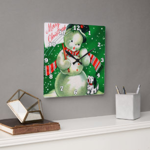 Retro Vintage Weihnachts-Schneemann-Dekoration Quadratische Wanduhr