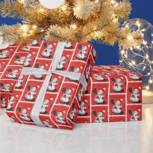 retro-vintage-Weihnachts-Schneemann-gefliesste-Par Geschenkpapier