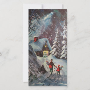 Retro-Vintage-Weihnachts-Winter-Häuschen-Szene Feiertagskarte