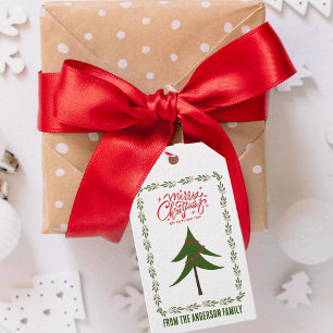 Retro Vintage Weihnachtsbaum & Kranz Familienname Geschenkanhänger