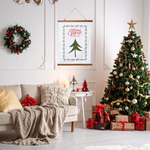 Retro Vintage Weihnachtsbaum und Kranz Minimalist Wandteppich Mit Holzrahmen