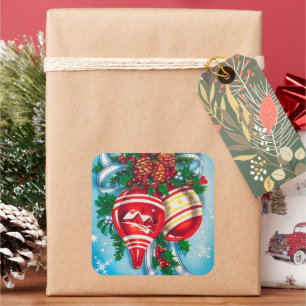 Retro Vintage Weihnachtsbaumkugeln Holiday Aufkleb Quadratischer Aufkleber